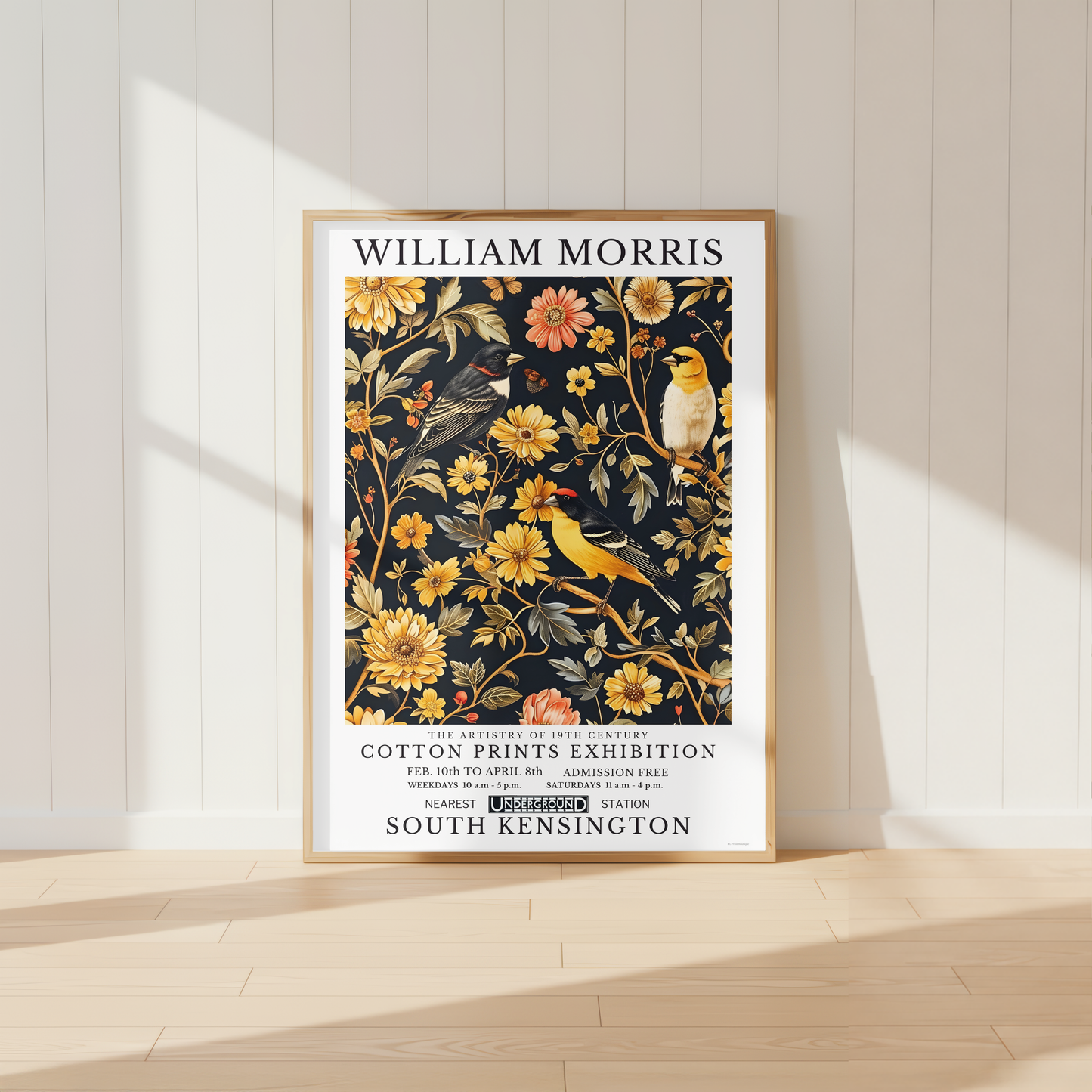 William Morris inspired bird and floral wall art featuring yellow flowers and songbirds on dark background