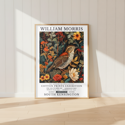 William Morris inspired Brown Thrasher print surrounded by botanical flowers and foliage.