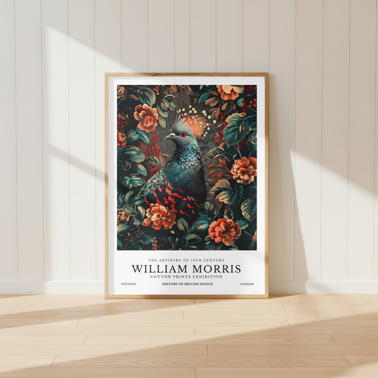 William Morris inspired Victoria Crowned Pigeon print with botanical flowers and foliage.