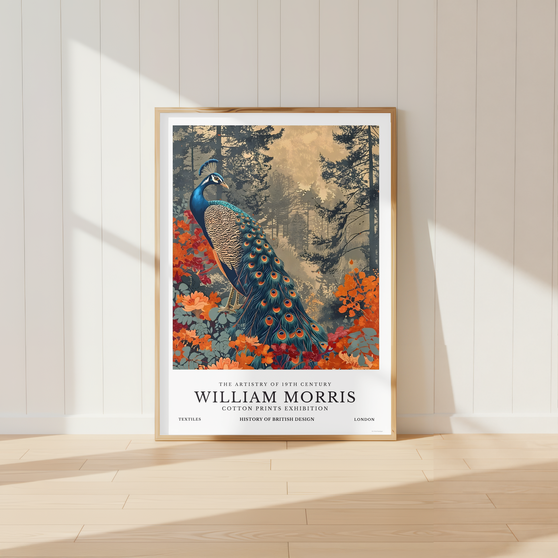 William Morris inspired peacock print with vibrant blue feathers and autumn florals.