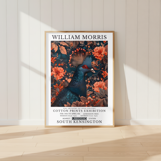 William Morris inspired blue crowned pigeon print with coral flowers and botanical foliage
