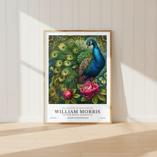 Botanical peacock wall art featuring vibrant blue and green feathers surrounded by pink peonies in a warm cottage-inspired interior.