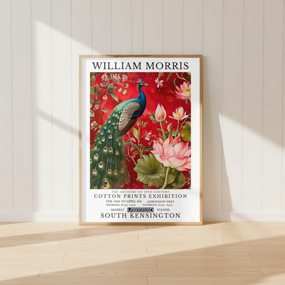 William Morris inspired peacock print featuring lotus flowers and botanical foliage against a vibrant red background.