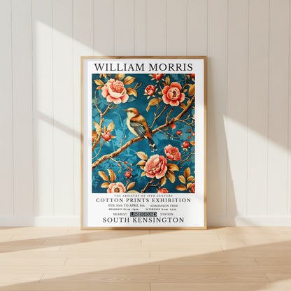 William Morris inspired bird wall art featuring blush roses and botanical branches on teal background