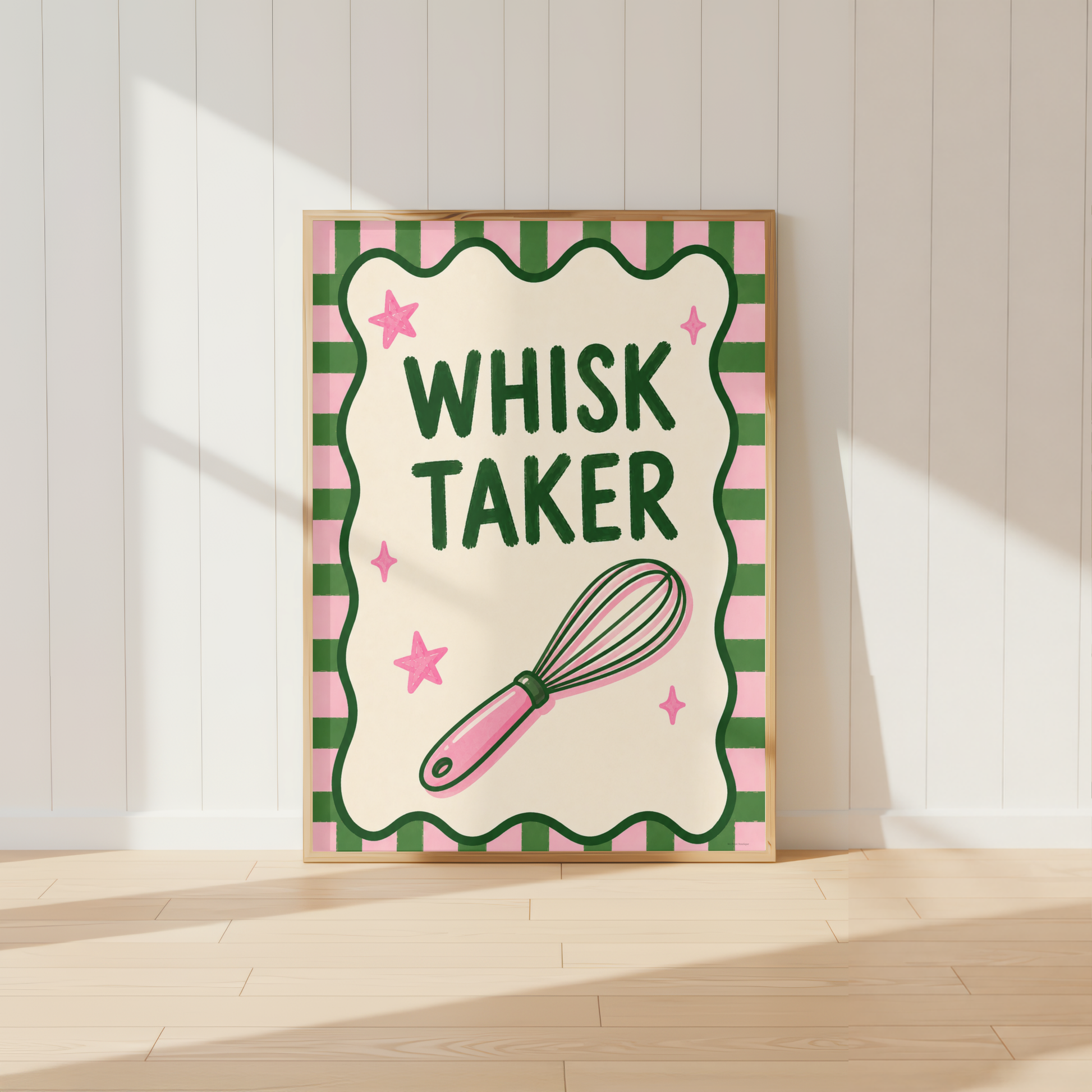 Whisk Taker kitchen wall art print featuring pink whisk illustration