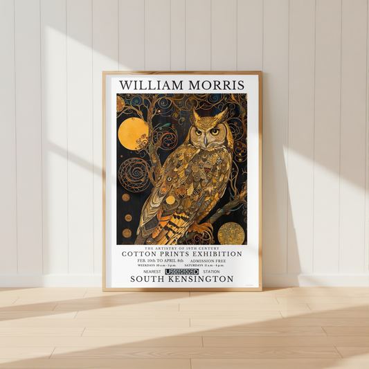 William Morris inspired Eagle Owl print with antique gold botanical details.