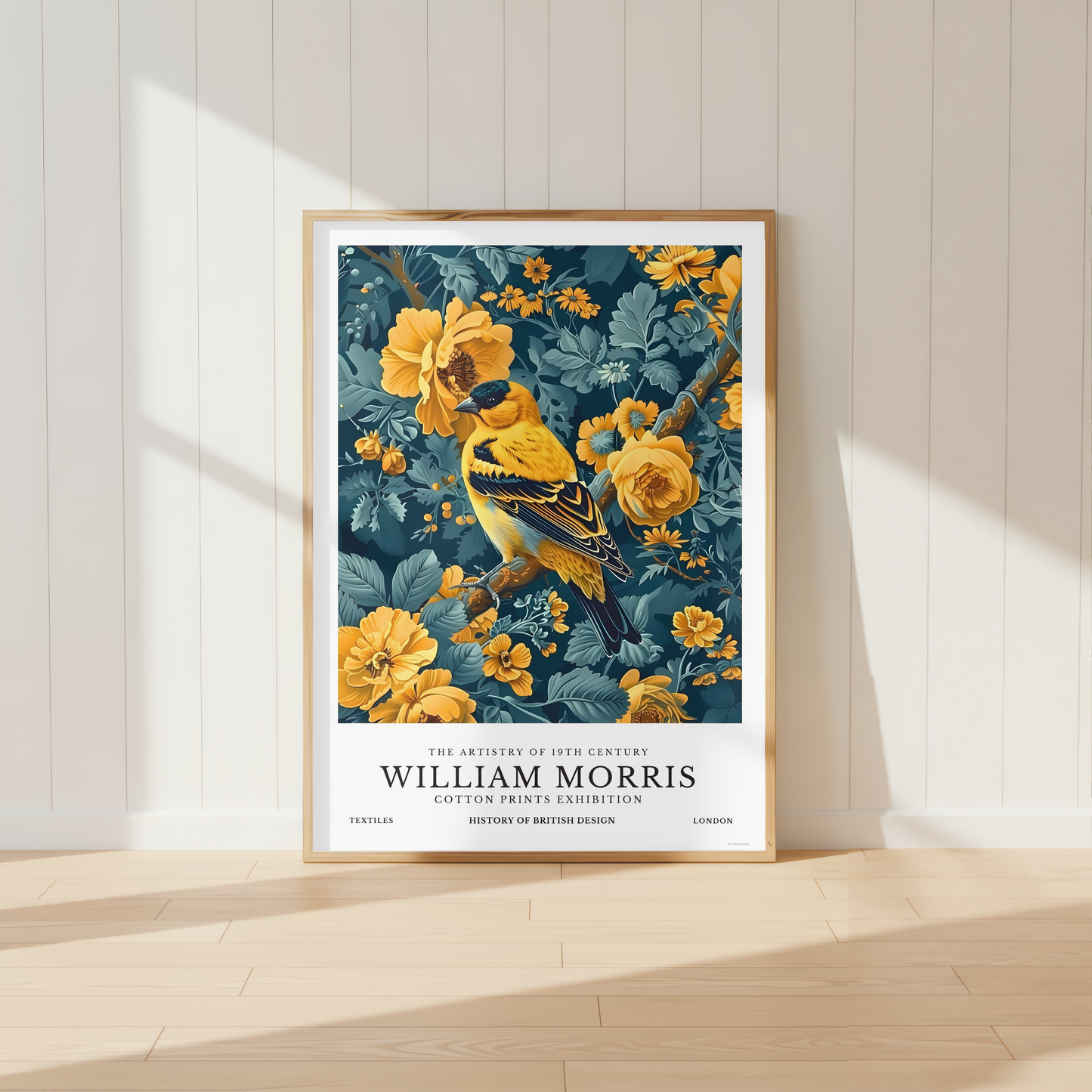 William Morris inspired goldfinch bird print surrounded by golden flowers on navy botanical background