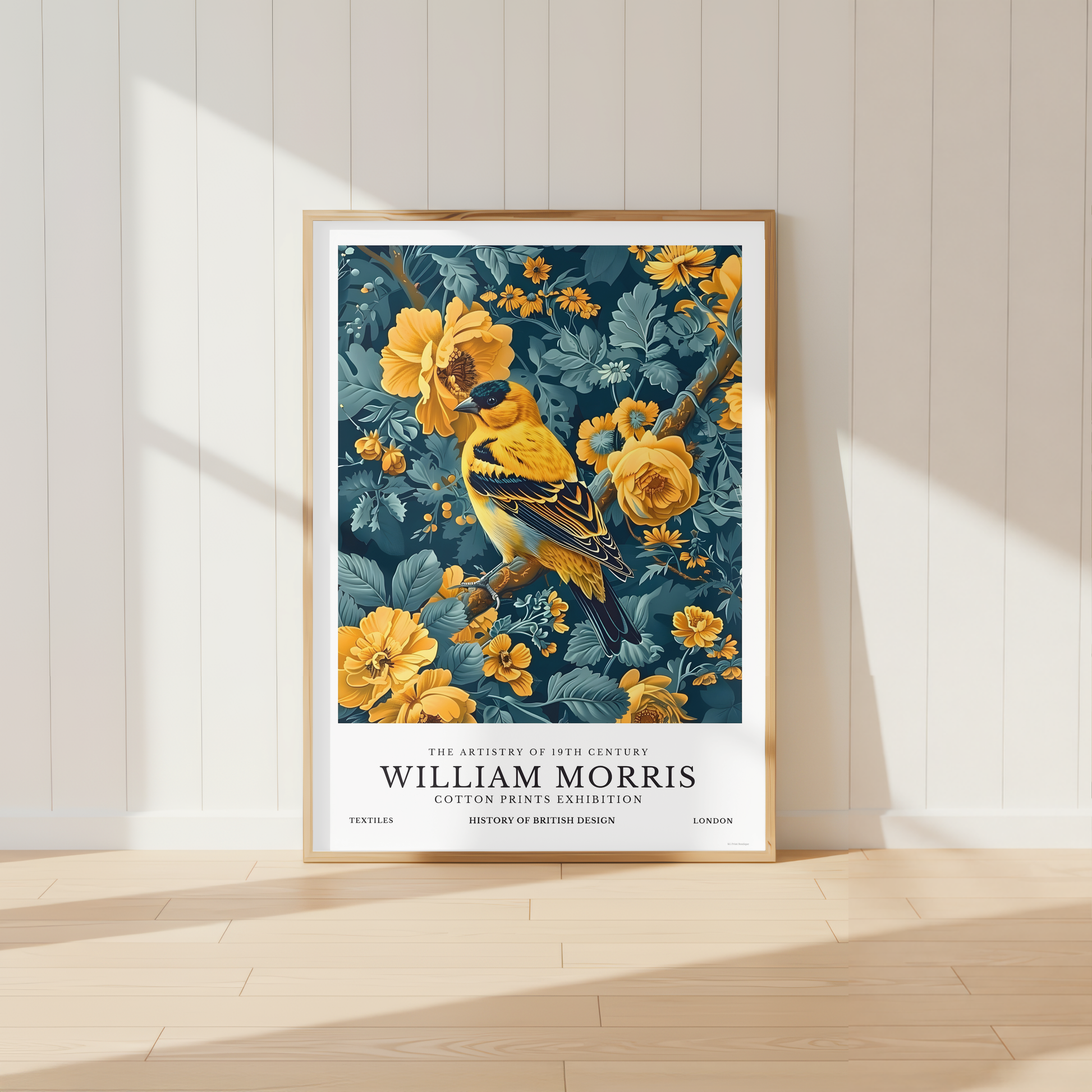 William Morris inspired goldfinch bird print surrounded by golden flowers on navy botanical background