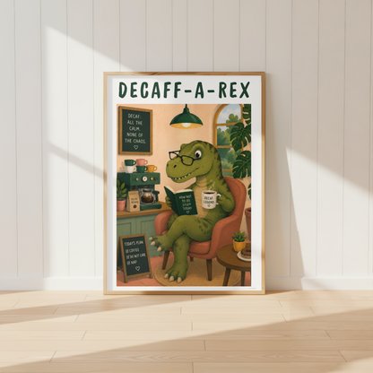Decaff-A-Rex dinosaur coffee print displayed above a kitchen coffee station
