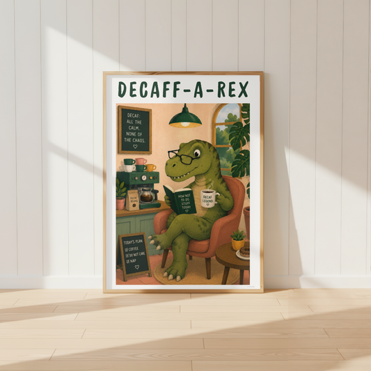 Decaff-A-Rex dinosaur coffee print displayed above a kitchen coffee station