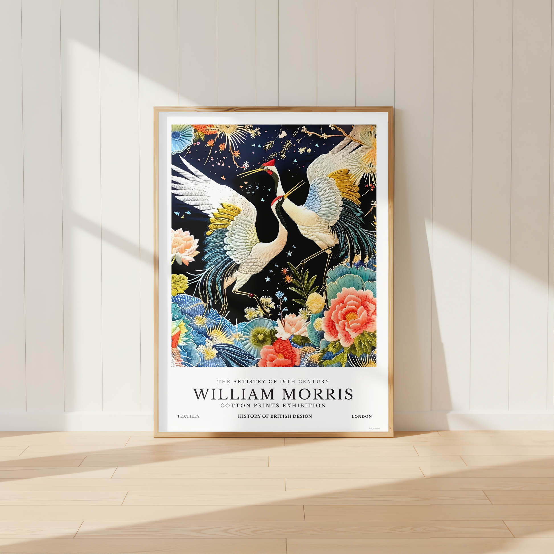 William Morris inspired crane bird wall art print featuring two elegant cranes surrounded by colourful Japanese florals and botanical details on a dark background.