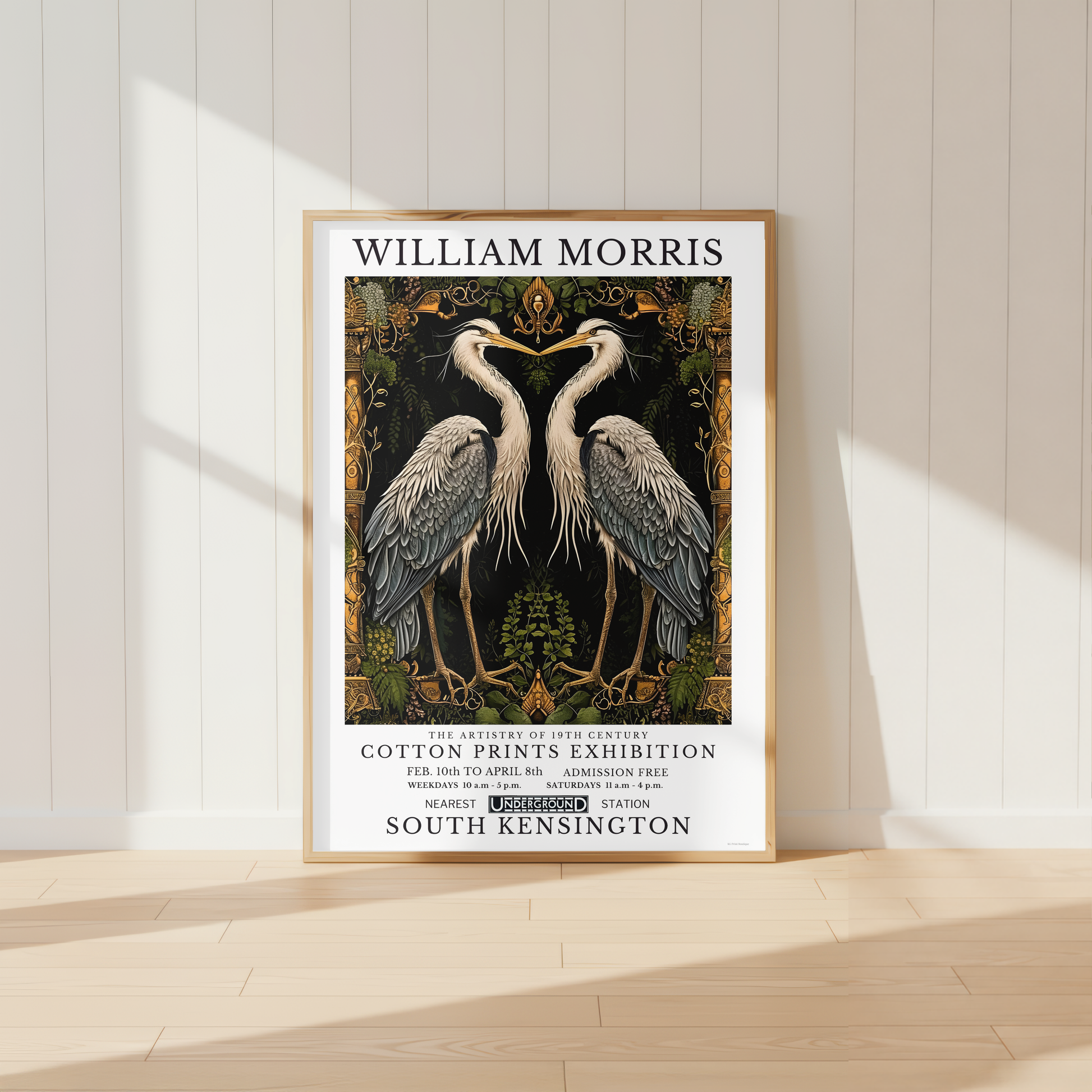 William Morris inspired heron print featuring two elegant birds surrounded by botanical foliage and ornate decorative detailing.