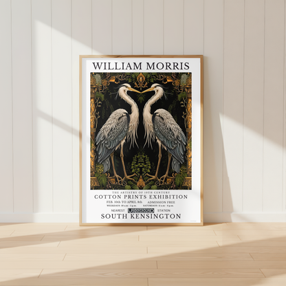 William Morris inspired heron print featuring two elegant birds surrounded by botanical foliage and ornate decorative detailing.