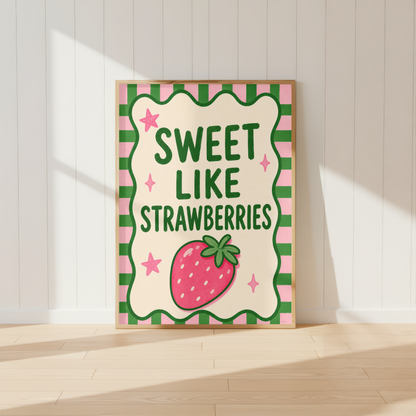 Sweet Like Strawberries kitchen wall art print featuring pink strawberry illustration