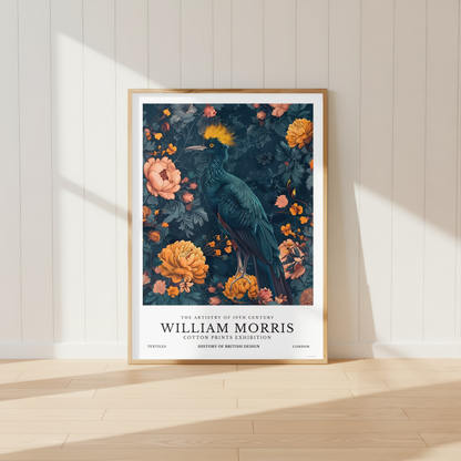 William Morris inspired bird print featuring teal bird and orange floral botanical design.