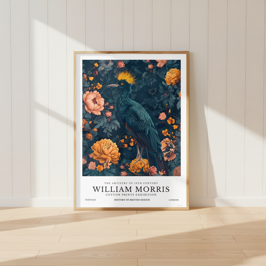 William Morris inspired bird print featuring teal bird and orange floral botanical design.