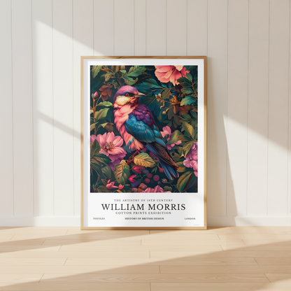 William Morris inspired colourful bird wall art featuring vibrant pink and blue feathers amongst botanical flowers