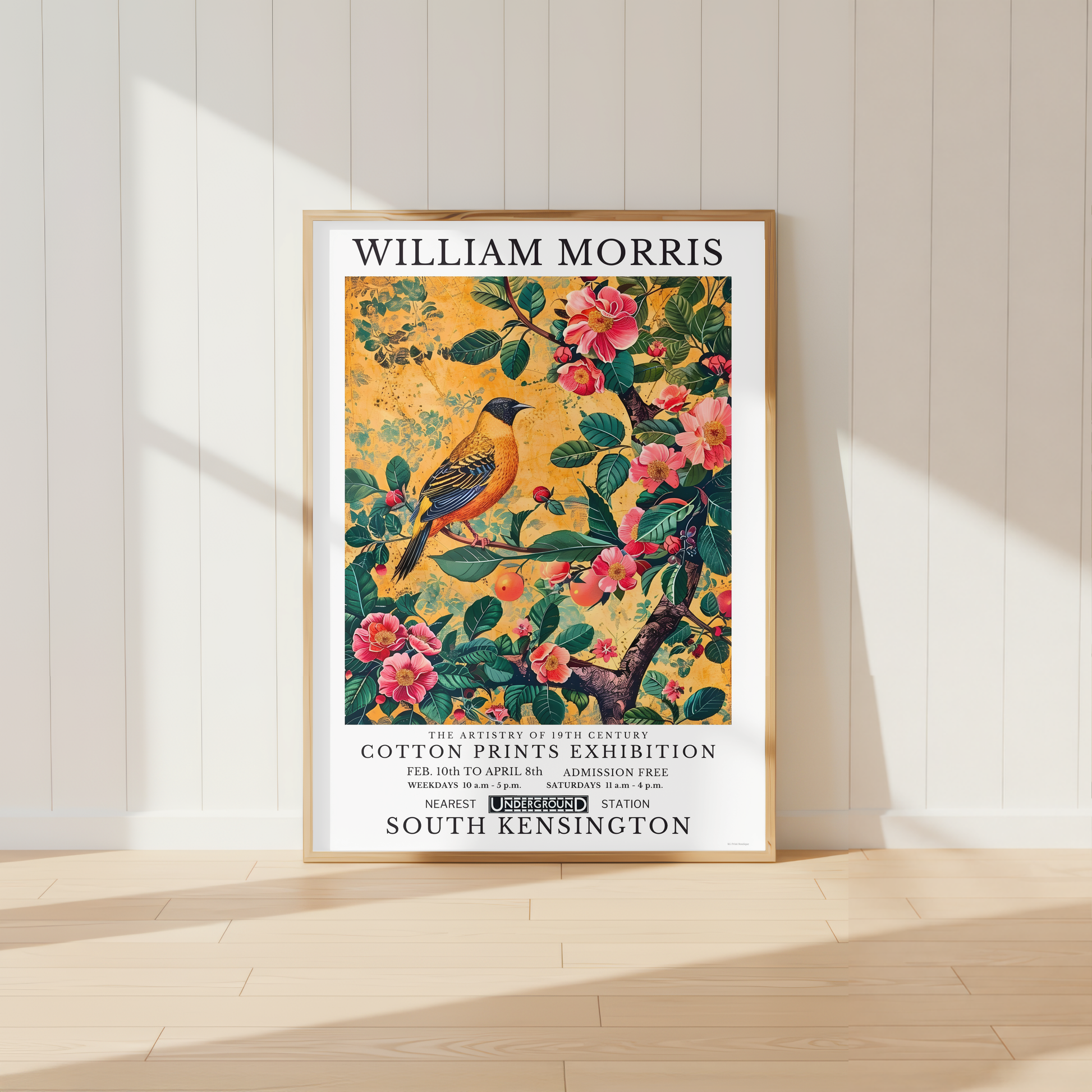 William Morris inspired Golden Oriole bird print surrounded by pink flowers and green foliage.