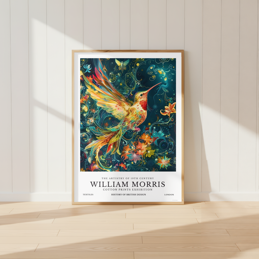 William Morris inspired hummingbird print with colourful floral botanical design.