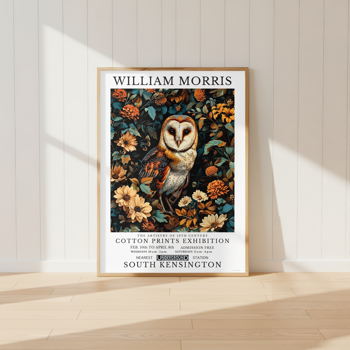 Botanical barn owl wall art featuring autumn florals and woodland foliage styled in a cosy cottage-inspired interior.