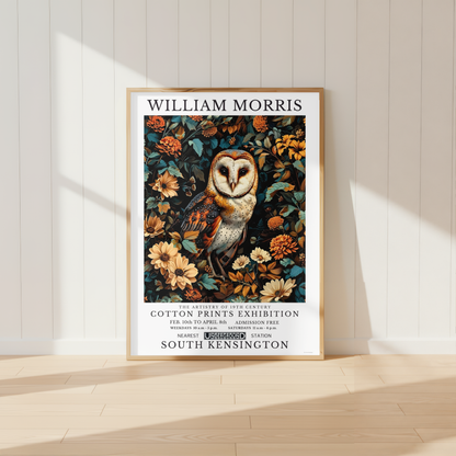 Botanical barn owl wall art featuring autumn florals and woodland foliage styled in a cosy cottage-inspired interior.