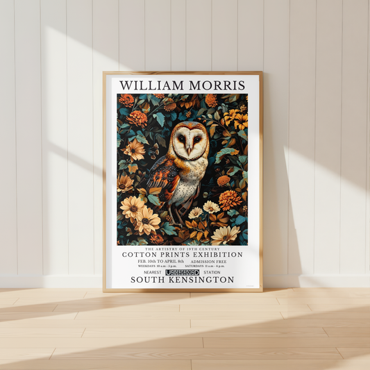 Botanical barn owl wall art featuring autumn florals and woodland foliage styled in a cosy cottage-inspired interior.