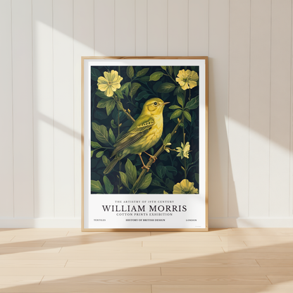William Morris inspired Yellow Warbler bird print surrounded by botanical foliage and yellow flowers
