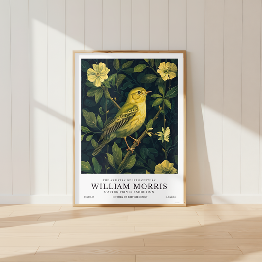 William Morris inspired Yellow Warbler bird print surrounded by botanical foliage and yellow flowers