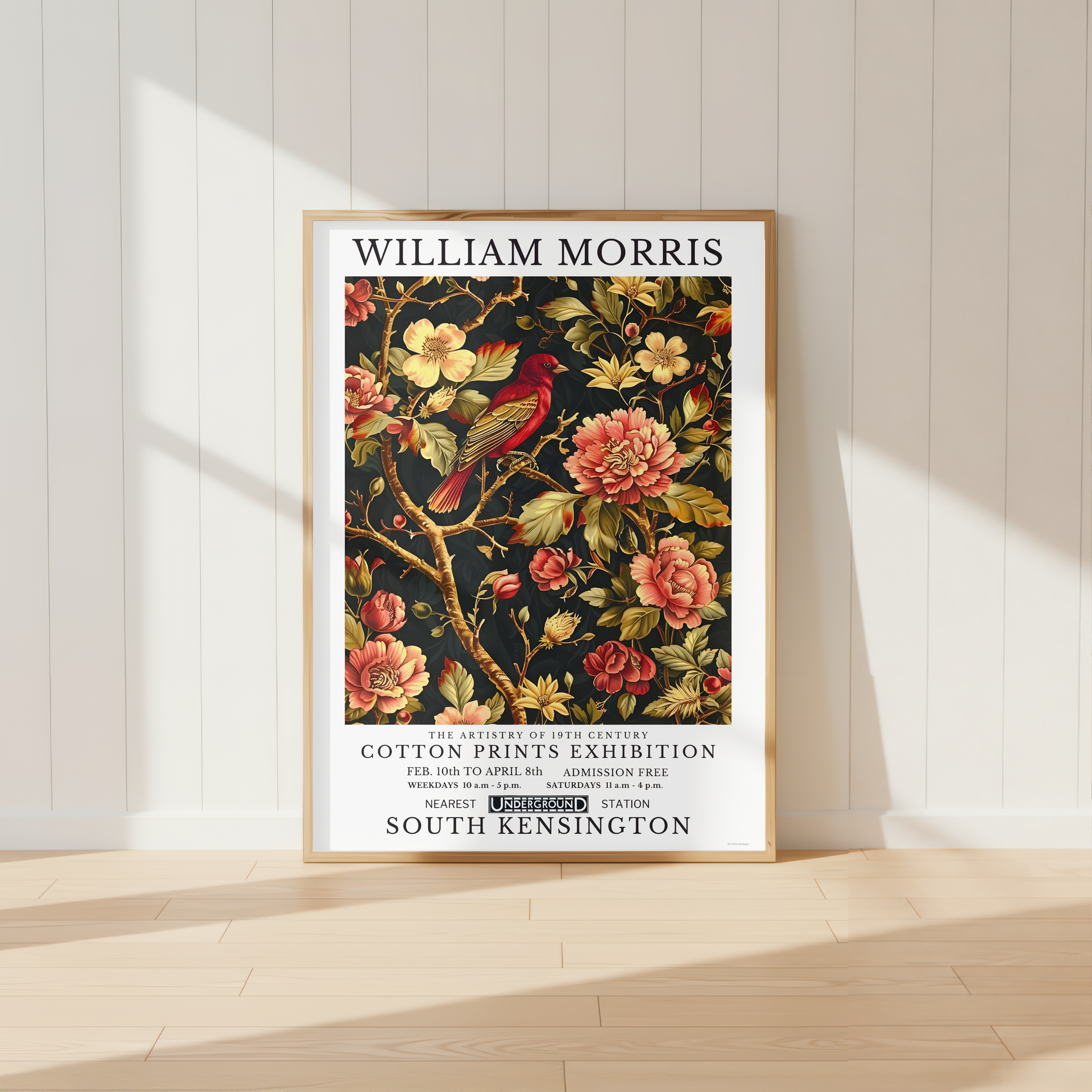 William Morris inspired red bird botanical wall art with vintage floral design on dark background