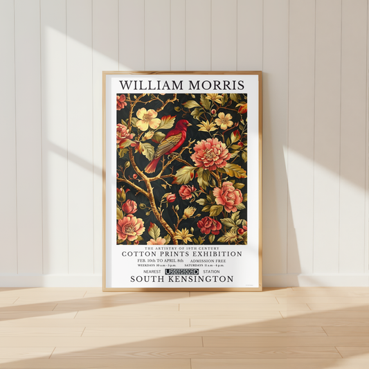 William Morris inspired red bird botanical wall art with vintage floral design on dark background