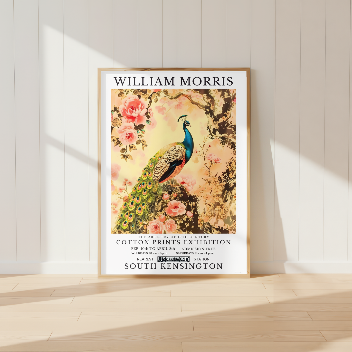 William Morris inspired Peacock print with blush pink roses and botanical branches.