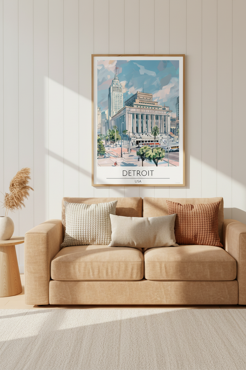 Detroit USA Travel Poster Print | Neutral Cityscape Wall Art