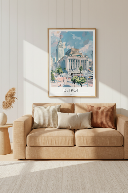 Detroit USA Travel Poster Print | Neutral Cityscape Wall Art