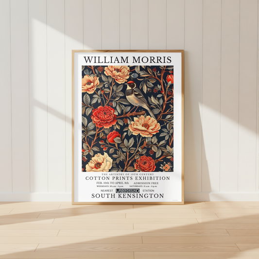 William Morris inspired Goldfinch bird print surrounded by detailed botanical flowers.