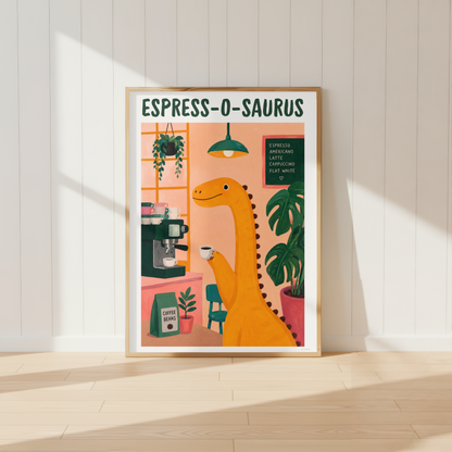 Espress-O-Saurus dinosaur enjoying an espresso coffee in a cosy café kitchen wall art print