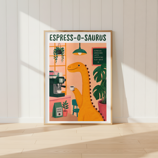 Espress-O-Saurus dinosaur enjoying an espresso coffee in a cosy café kitchen wall art print