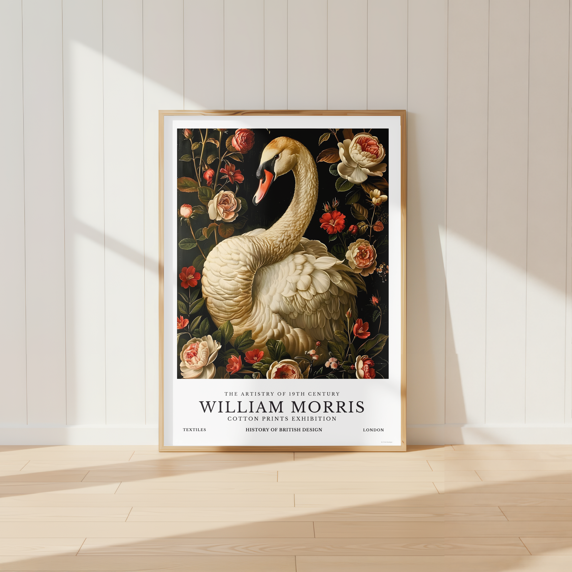 William Morris inspired swan print featuring a graceful white swan surrounded by vintage roses and botanical florals on a dark background. Elegant cottagecore wall art in a natural oak frame for traditional and country-style interiors.