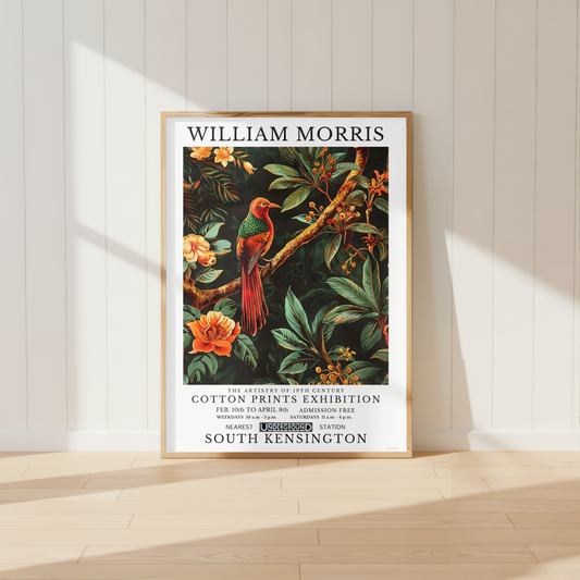 William Morris inspired tropical Trogon bird print with emerald green feathers and botanical foliage.