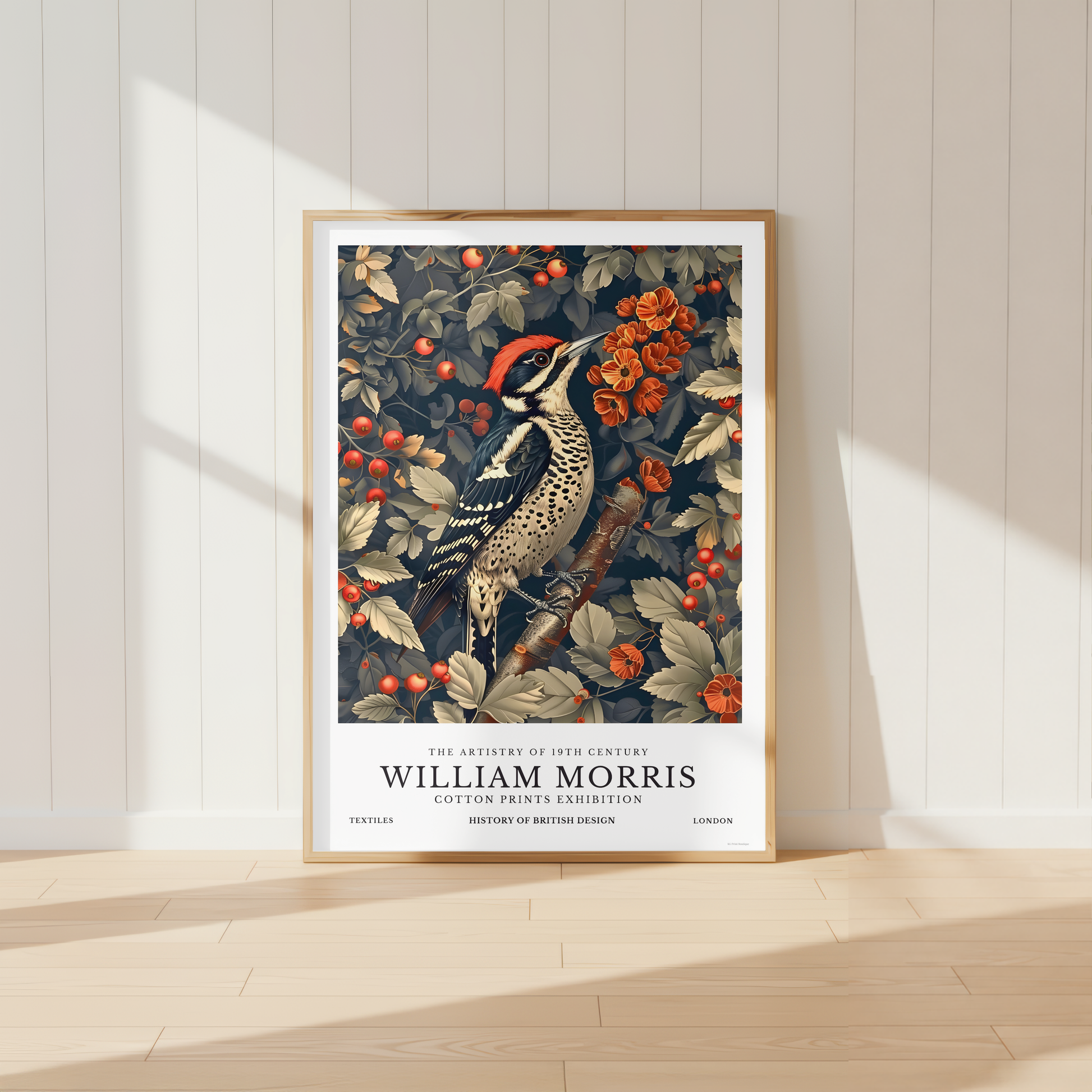 William Morris inspired Red-bellied Woodpecker print with botanical flowers and berries.