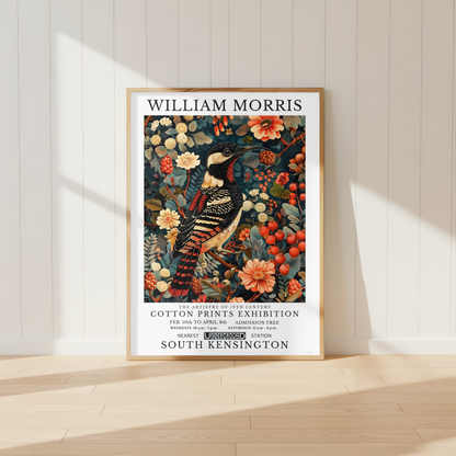William Morris inspired woodpecker print featuring botanical flowers, berries and foliage in a vintage wildlife design.