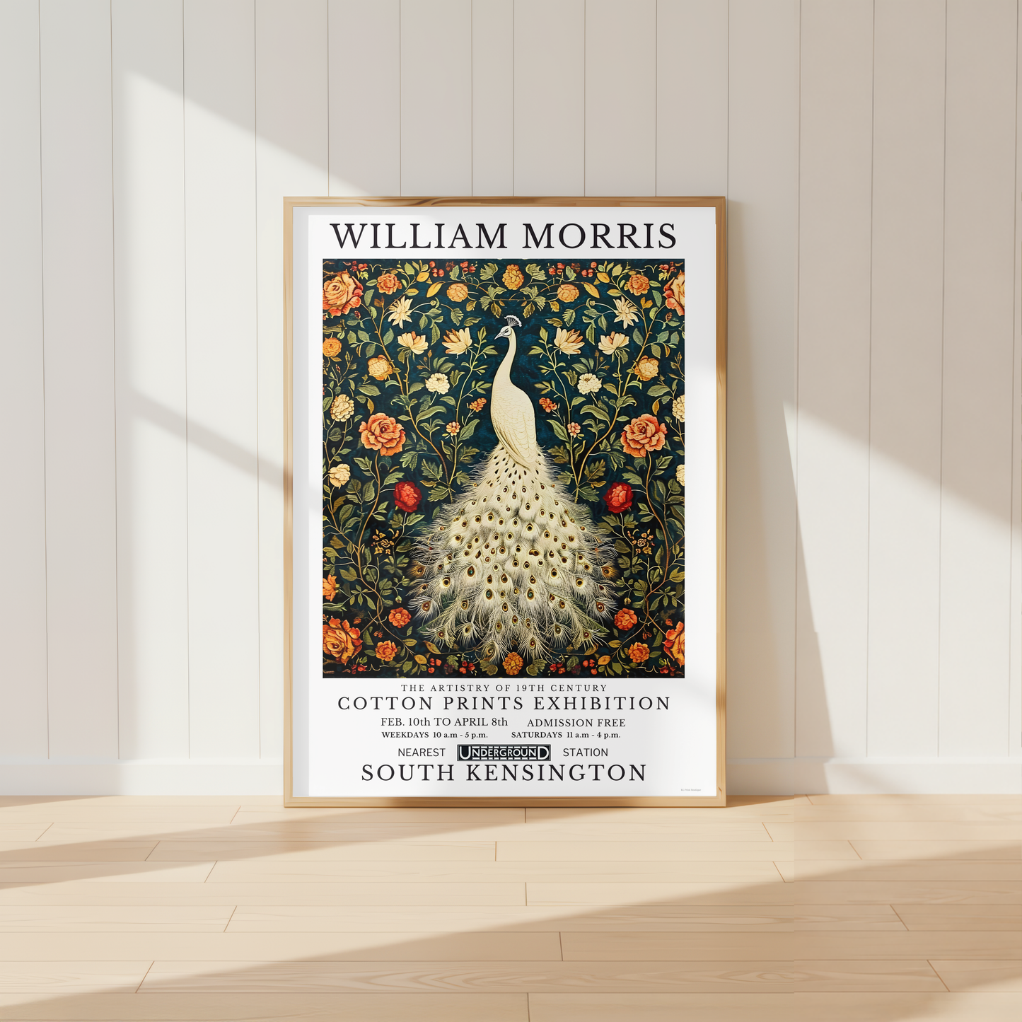 William Morris inspired White Peacock print surrounded by botanical flowers and foliage.