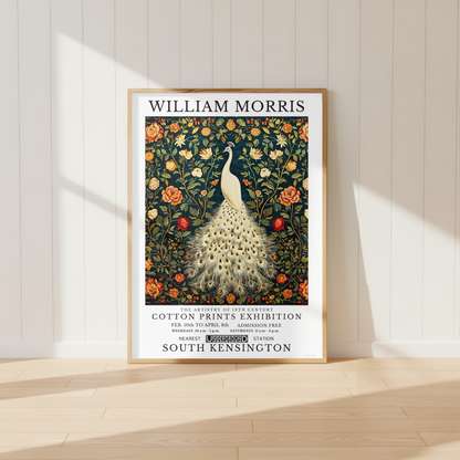 William Morris inspired White Peacock print surrounded by botanical flowers and foliage.