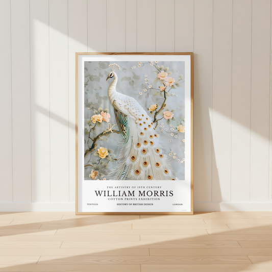 White peacock wall art surrounded by blush flowers in William Morris style