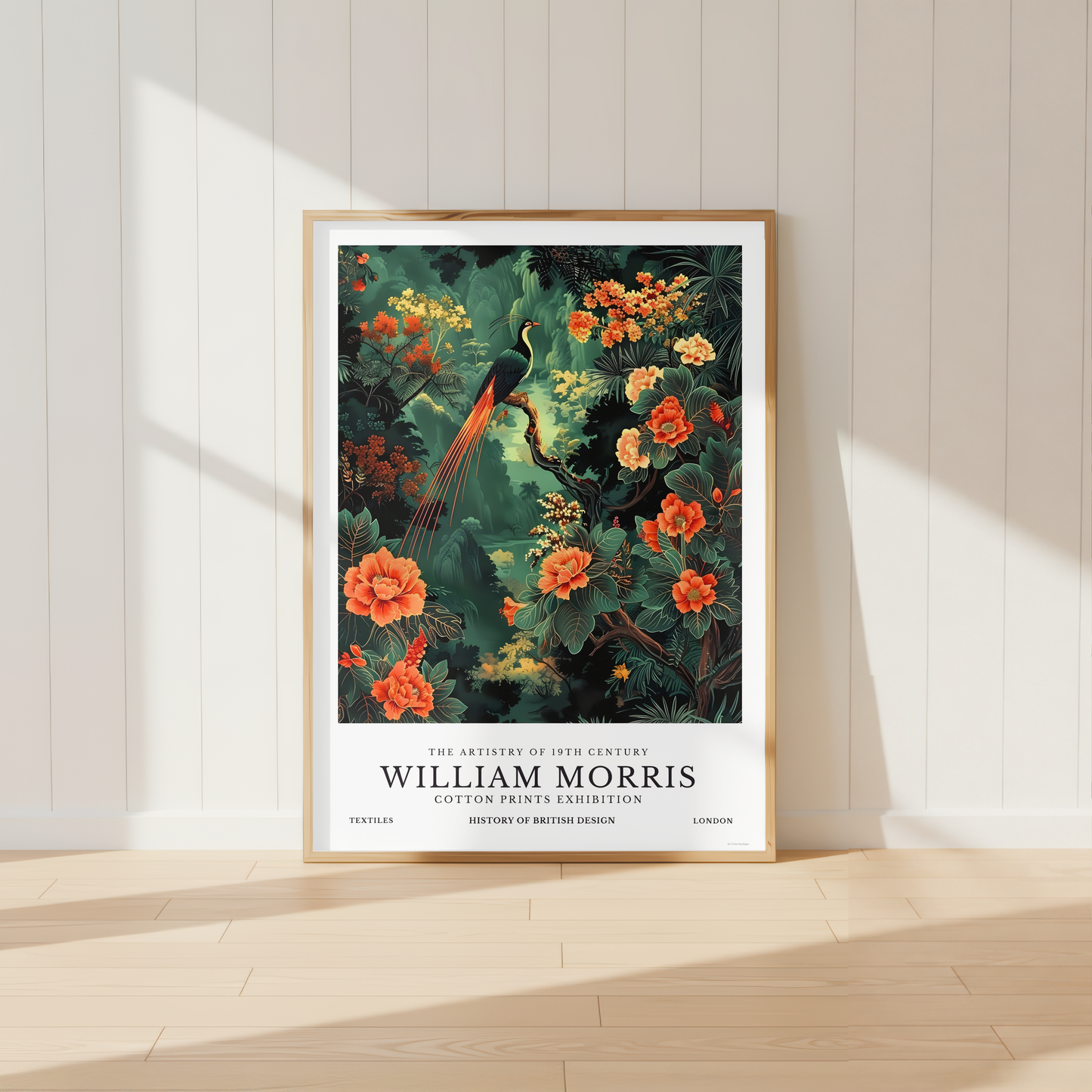 William Morris Bird of Paradise print featuring an exotic tropical bird surrounded by lush botanical flowers and rainforest foliage.