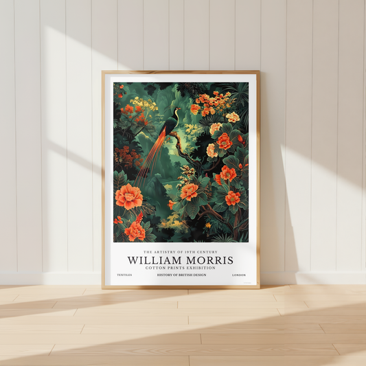 William Morris Bird of Paradise print featuring an exotic tropical bird surrounded by lush botanical flowers and rainforest foliage.