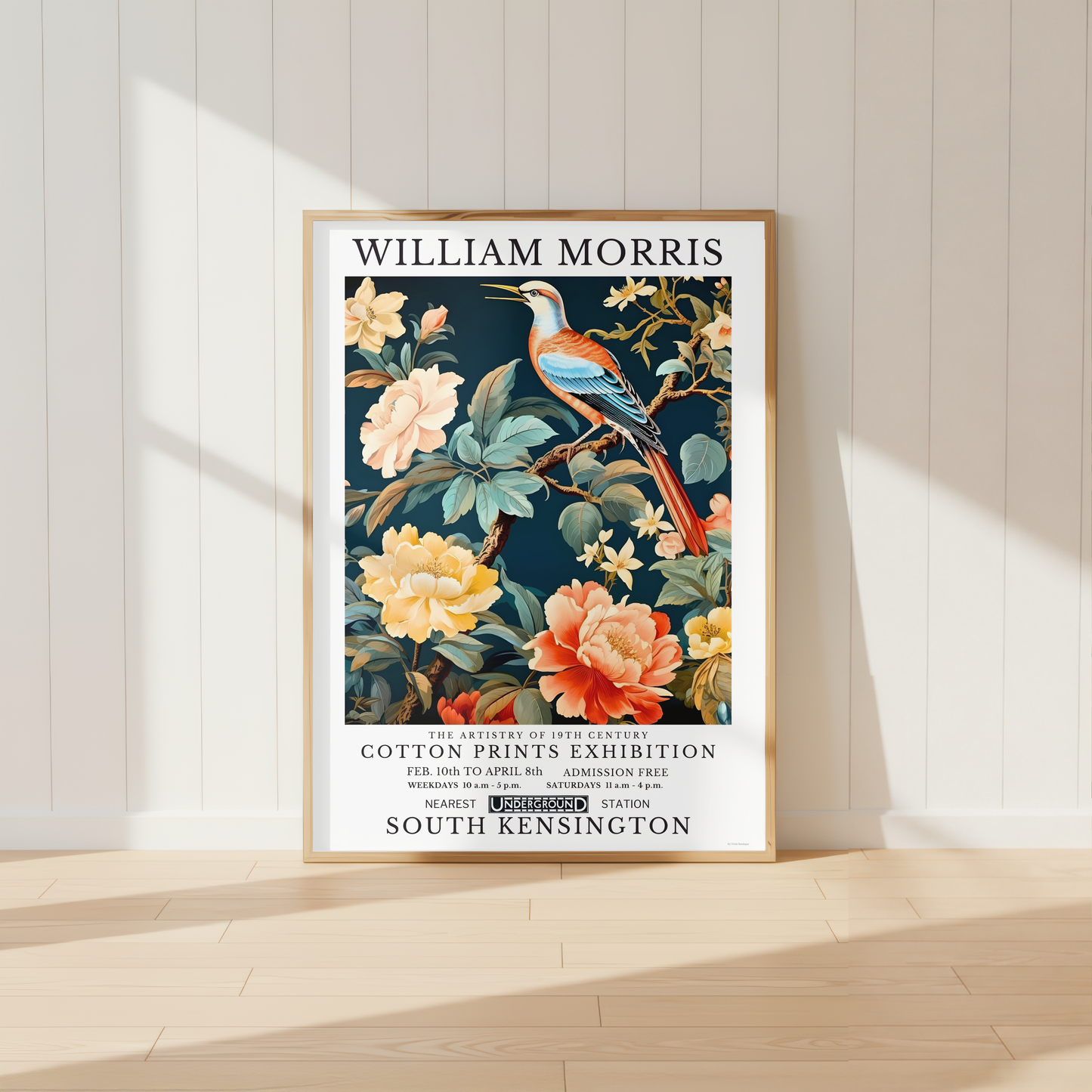 William Morris inspired bird print featuring floral blooms and botanical foliage on dark blue background