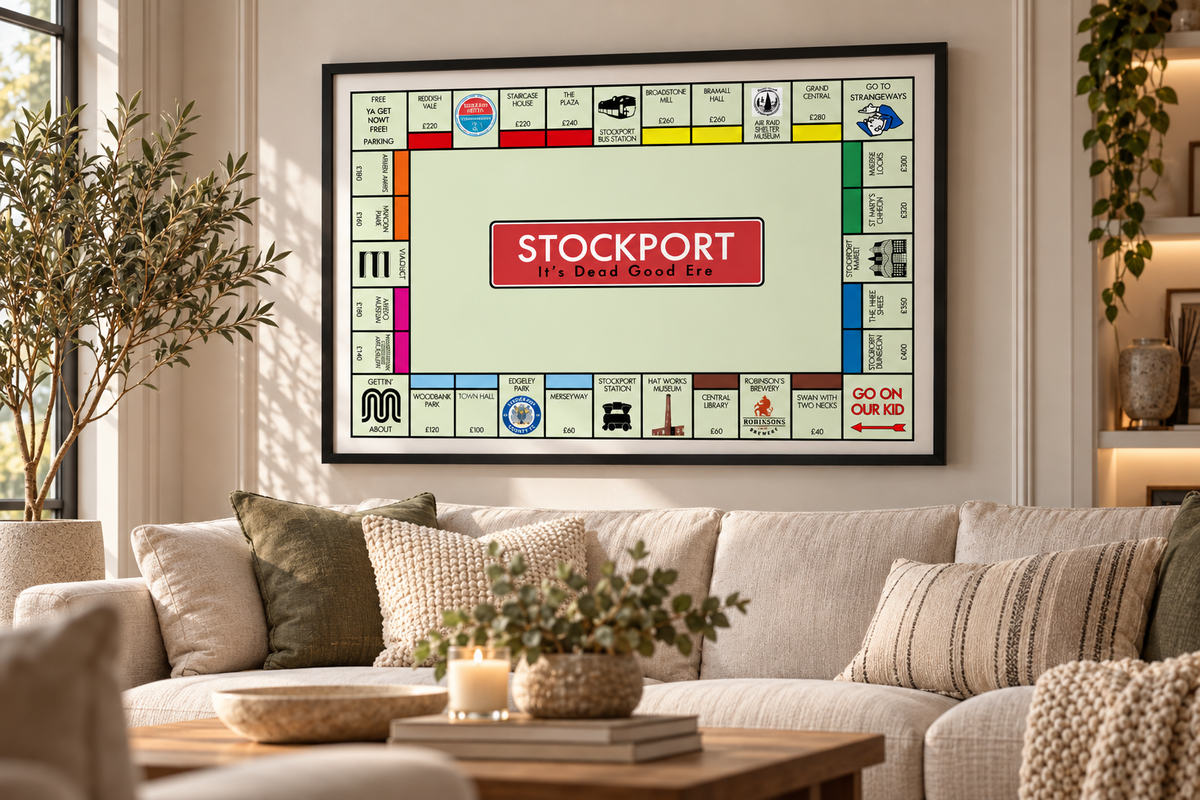 Stockport nostalgic wall art displayed in a modern home with colourful retro property board design and Northern typography