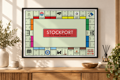 Retro Stockport board game style poster featuring Stockport Viaduct, Edgeley Park, Bramall Hall and local Greater Manchester landmarks