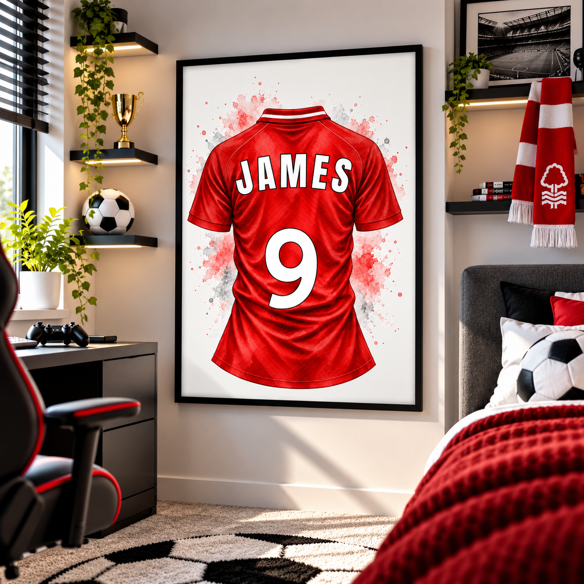 Nottingham Forest inspired personalised football shirt poster in a modern living room with red football decor and black frame
