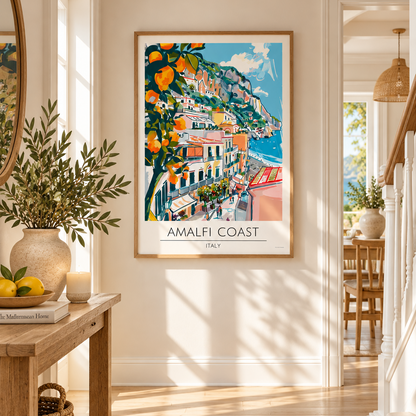 Illustrated Amalfi Coast Italy landscape with lemon trees, pastel coastal buildings, cliffs and blue sea